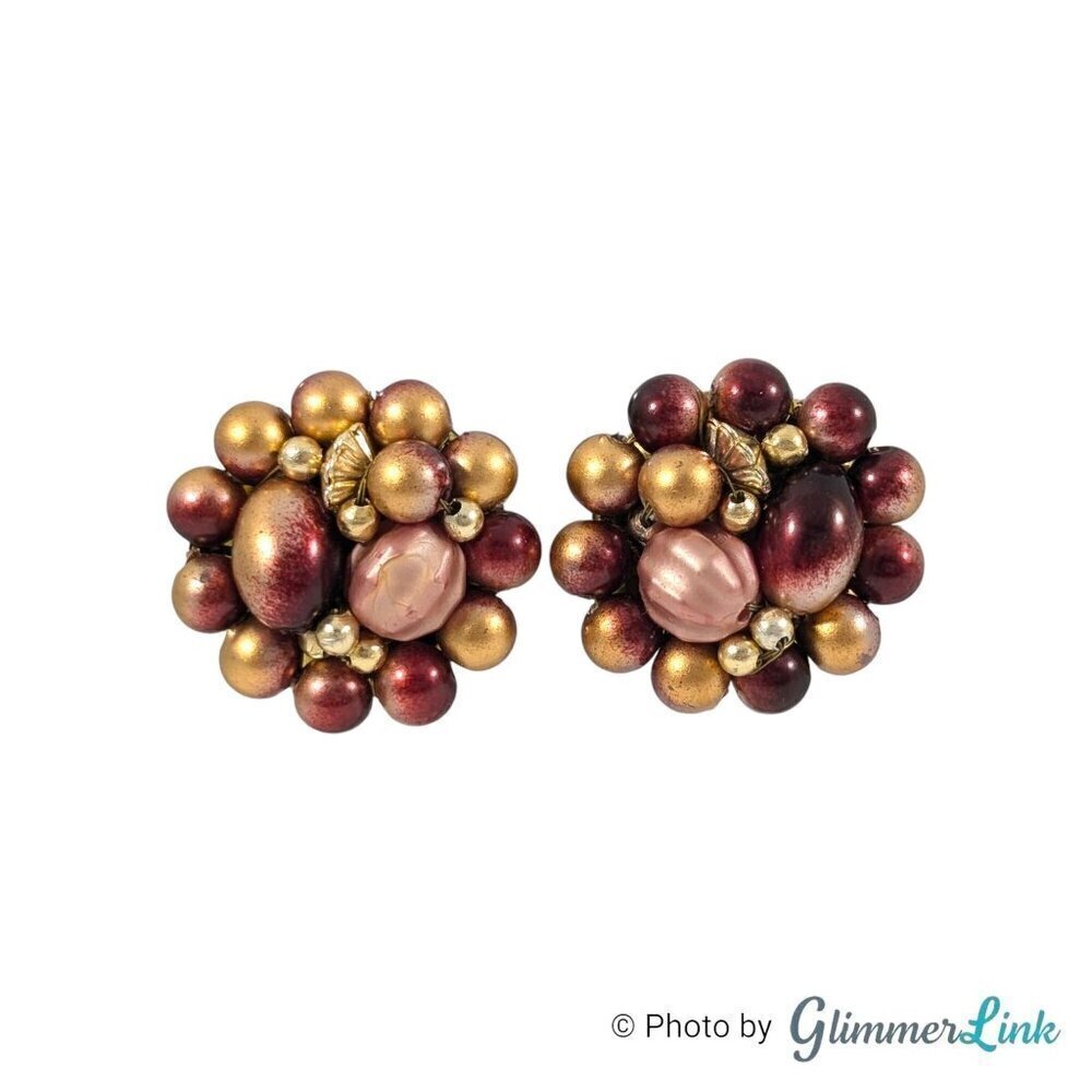 Vintage Hong Kong Brownish Red Beaded Cluster Gold Tone Clip On Earrings